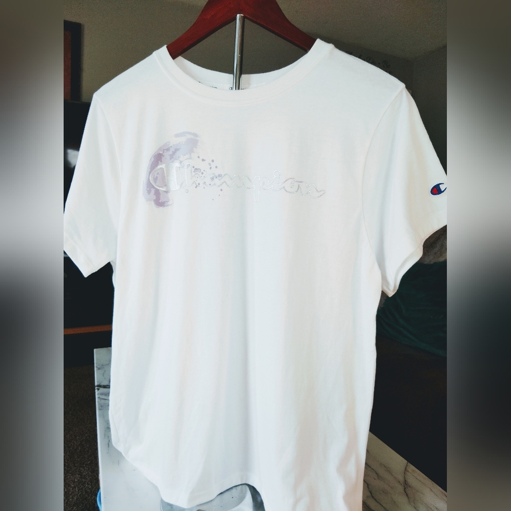 New Women's White Champion t shirt with shiny letters, short sleeve
